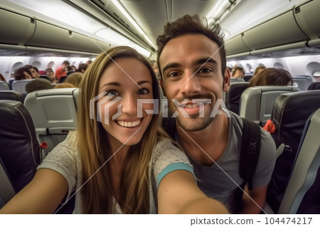 A handsome man taking a selfie with a mobile phone on board of plane. Smiling people having fun flying during the time on the airplane. Concept of happiness on airplane A handsome man taking a selfie with a mobile phone on board of plane. Smiling people having fun flying during the time on the airplane. Concept of happiness on airplane 104474217
