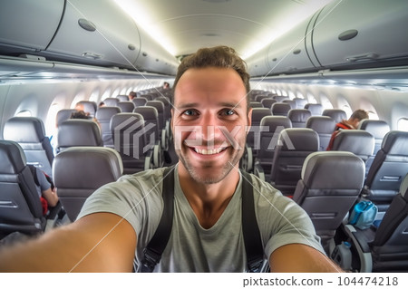 A handsome man taking a selfie with a mobile phone on board of plane. Smiling people having fun flying during the time on the airplane. Concept of happiness on airplane 104474218