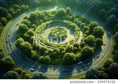 Areal drone view of a suburban roundabout in summer 104474310
