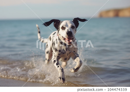 Active healthy Dalmatian dog running with open mouth sticking out tongue on the sand on the background of beach in bright day 104474339