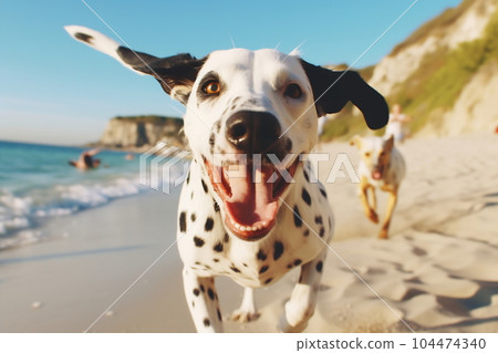 Active healthy Dalmatian dog running with open mouth sticking out tongue on the sand on the background of beach in bright day 104474340