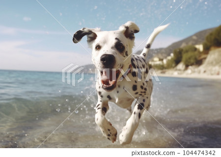 Active healthy Dalmatian dog running with open mouth sticking out tongue on the sand on the background of beach in bright day 104474342