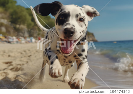 Active healthy Dalmatian dog running with open mouth sticking out tongue on the sand on the background of beach in bright day 104474343