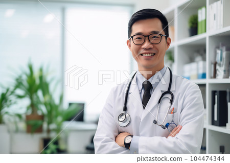 Young Singaporean handsome man wearing doctor uniform and stethoscope with a happy smile. Lucky person 104474344