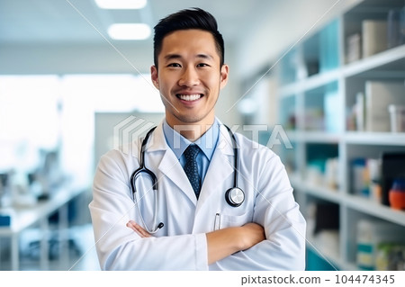 Young Singaporean handsome man wearing doctor uniform and stethoscope with a happy smile. Lucky person 104474345