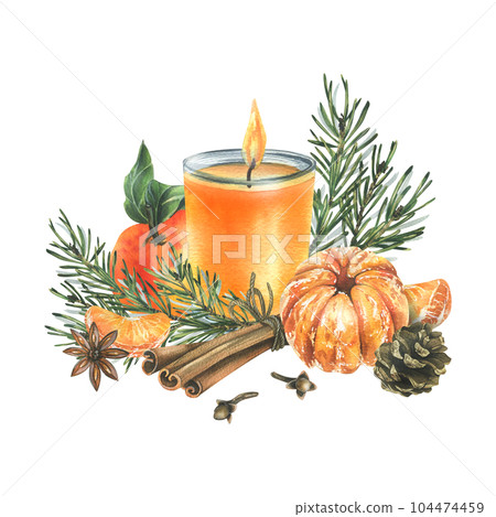 Christmas candle orange with tangerines, pine branch and cone, cinnamon spices, anise star and cloves. Watercolor illustration, hand drawn. Isolated composition on a white background. 104474459