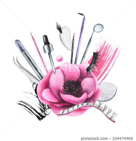 Pink cosmetic bag with beauty tools for eyelash extensions, with brushes, eyelash bundles, tweezers, patches. Watercolor illustration, hand drawn. Isolated composition on a white background. Pink cosmetic bag with beauty tools for eyelash extensions, with brushes, eyelash bundles, tweezers, patches. Watercolor illustration, hand drawn. Isolated composition on a white background. 104474469