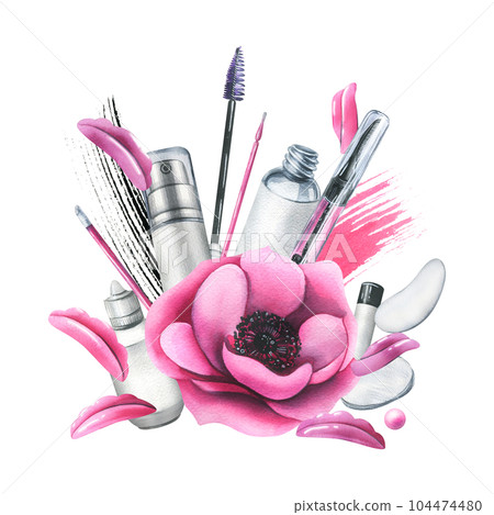 Pink cosmetic bag with beauty master's tools for laminating eyelashes, with brushes, silicone rollers, patches. Watercolor illustration, hand drawn. Isolated composition on a white background. 104474480