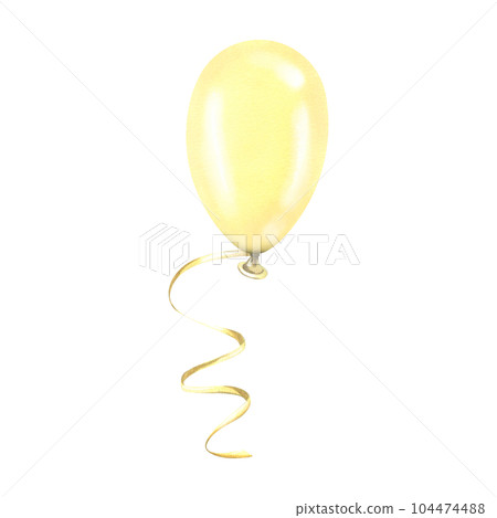Yellow balloon with ribbon. Watercolor illustration, hand drawn. Isolated object on a white background. 104474488