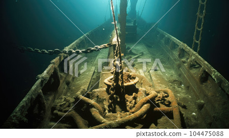 Shipwrecked Titanic, Remains of sunken ship wreck at the bottom of the ocean. Shipwrecked Titanic, Remains of sunken ship wreck at the bottom of the ocean. 104475088