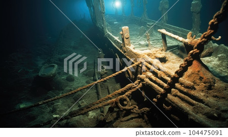 Shipwrecked Titanic, Remains of sunken ship wreck at the bottom of the ocean. Shipwrecked Titanic, Remains of sunken ship wreck at the bottom of the ocean. 104475091