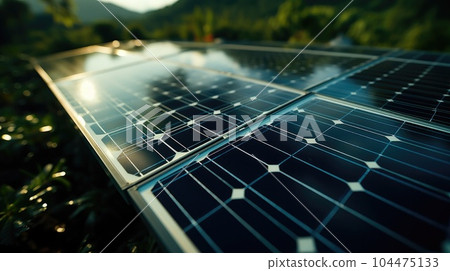 Solar panels in solar farm with sun lighting to create the clean electric power. Solar panels in solar farm with sun lighting to create the clean electric power. 104475133
