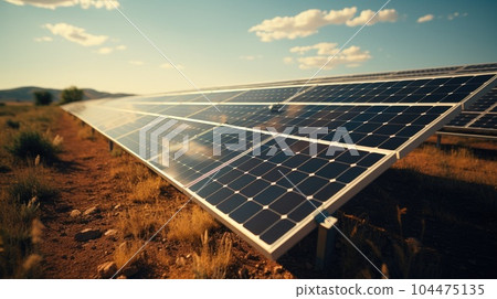 Solar panels in solar farm with sun lighting to create the clean electric power. Solar panels in solar farm with sun lighting to create the clean electric power. 104475135