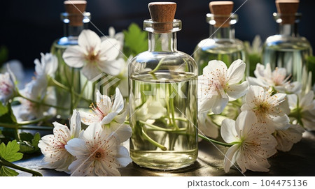 Aromatherapy concept, Top view of glass bottles of geranium essential oil with fresh white flowers. Aromatherapy concept, Top view of glass bottles of geranium essential oil with fresh white flowers. 104475136