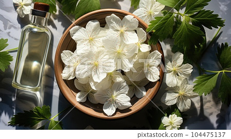 Aromatherapy concept, Top view of glass bottles of geranium essential oil with fresh white flowers. Aromatherapy concept, Top view of glass bottles of geranium essential oil with fresh white flowers. 104475137