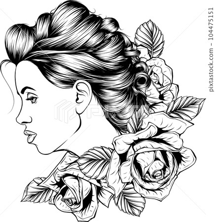 Vector woman face. beautiful girl with long wavy hair curls. 104475151