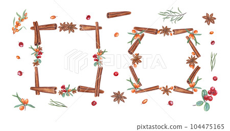 Watercolor set of frame with cinnamons, star anise, sea buckthorn, cranberries isolated on white. Christmas illustration of orange, red berries and brown spices for greetings, spice shop. 104475165