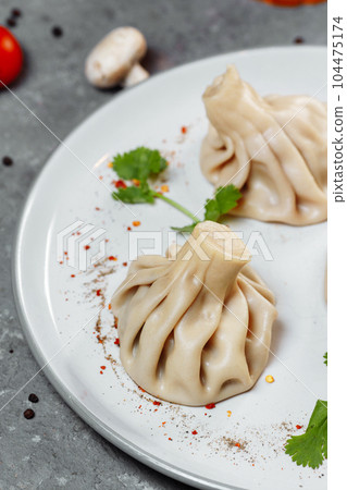 Georgian dumplings Khinkali with meat, greens and tomato spicy sauce Satsebeli on white plate Georgian dumplings Khinkali with meat, greens and tomato spicy sauce Satsebeli on white plate 104475174