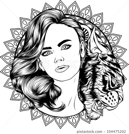 Vector woman face. beautiful girl with long wavy hair curls. Vector woman face. beautiful girl with long wavy hair curls. 104475202