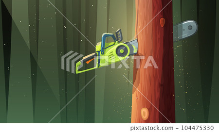 green chain saw stuck in a tree green chain saw stuck in a tree 104475330
