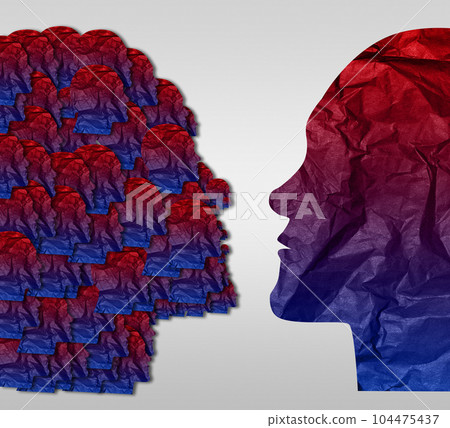 Silhouette of one head against multiple silhouettes, concept of confrontation of a group against one 104475437