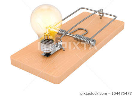 Lightbulb inside mousetrap. 3D rendering 104475477