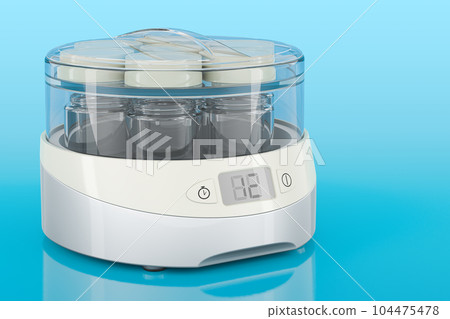 Automatic yogurt maker on blue background, 3D rendering Automatic yogurt maker on blue background, 3D rendering 104475478