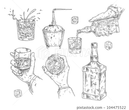 Male hand holding glass whiskey with ice cube. Vintage black vector engraving 104475522