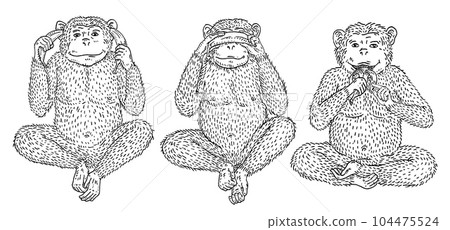 Three wise monkeys. Not see, not hear, not speak. Vintage engraving 104475524