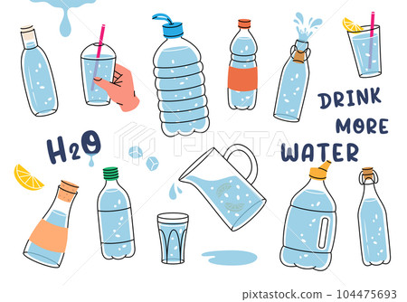 Set of bottles. Drink more water. Plastic water bottles. Glasses, bottles, jug, jar, flask with clean water. Isolated on white background Set of bottles. Drink more water. Plastic water bottles. Glasses, bottles, jug, jar, flask with clean water. Isolated on white background 104475693