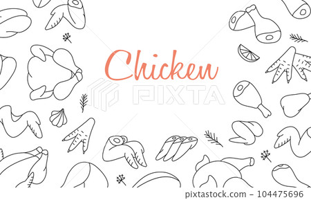 Chicken meats horizontal outline banner. Chicken farming products. Whole chicken, brisket wing, carcass, fillet, ham, leg, breast, shank, drumstick. Chicken meats horizontal outline banner. Chicken farming products. Whole chicken, brisket wing, carcass, fillet, ham, leg, breast, shank, drumstick. 104475696