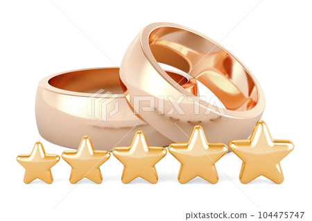Golden wedding rings with five golden stars. 3D rendering Golden wedding rings with five golden stars. 3D rendering 104475747
