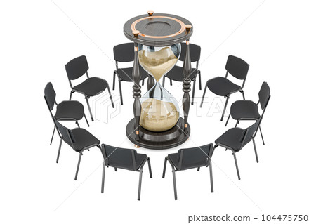 Meeting concept. Chairs in a circle with hourglass, 3D rendering Meeting concept. Chairs in a circle with hourglass, 3D rendering 104475750