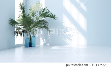 Light blue wall with shade and plant on the floor in a vase Light blue wall with shade and plant on the floor in a vase 104475852