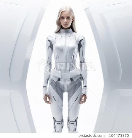 Woman in clothes of the future on a white background Woman in clothes of the future on a white background 104475870