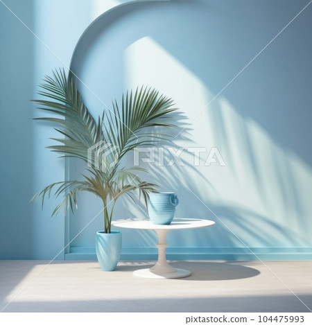 Light blue wall with shade and plant on the floor in a vase 104475993