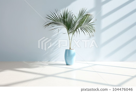 Light blue wall with shade and plant on the floor in a vase Light blue wall with shade and plant on the floor in a vase 104476046