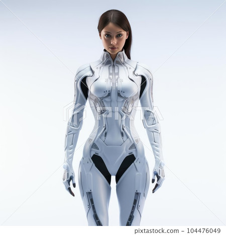 Woman in clothes of the future on a white background Woman in clothes of the future on a white background 104476049
