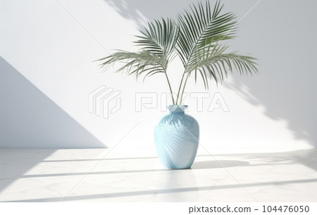 Light blue wall with shade and plant on the floor in a vase Light blue wall with shade and plant on the floor in a vase 104476050
