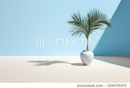 Light blue wall with shade and plant on the floor in a vase Light blue wall with shade and plant on the floor in a vase 104476055