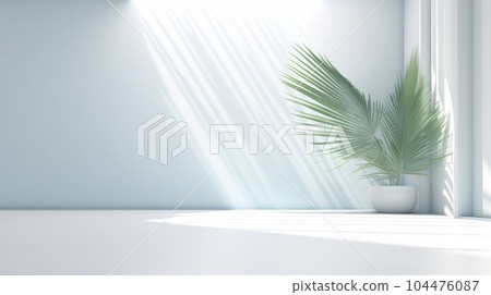 Light blue wall with shade and plant on the floor in a vase Light blue wall with shade and plant on the floor in a vase 104476087