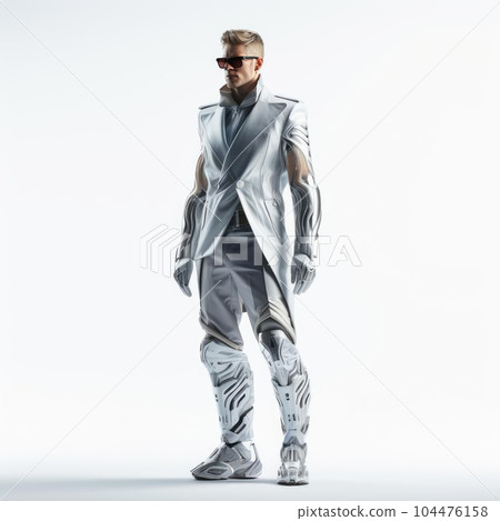 A man in the clothes of the future on a white background A man in the clothes of the future on a white background 104476158