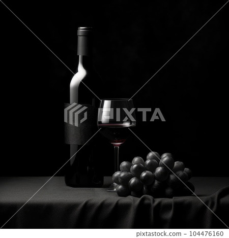 A bottle of red wine with a glass and a bunch of grapes A bottle of red wine with a glass and a bunch of grapes 104476160