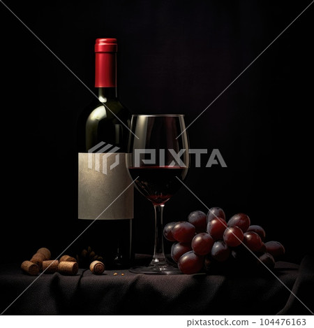 A bottle of red wine with a glass and a bunch of grapes 104476163
