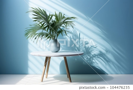 Light blue wall with shade and plant on the floor in a vase Light blue wall with shade and plant on the floor in a vase 104476235
