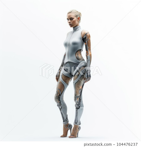 Woman in clothes of the future on a white background Woman in clothes of the future on a white background 104476237
