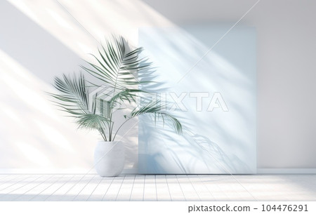Light blue wall with shade and plant on the floor in a vase Light blue wall with shade and plant on the floor in a vase 104476291