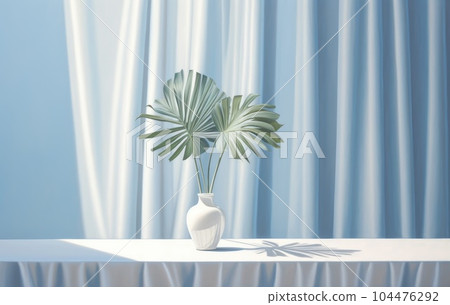 Light blue wall with shade and plant on the floor in a vase Light blue wall with shade and plant on the floor in a vase 104476292