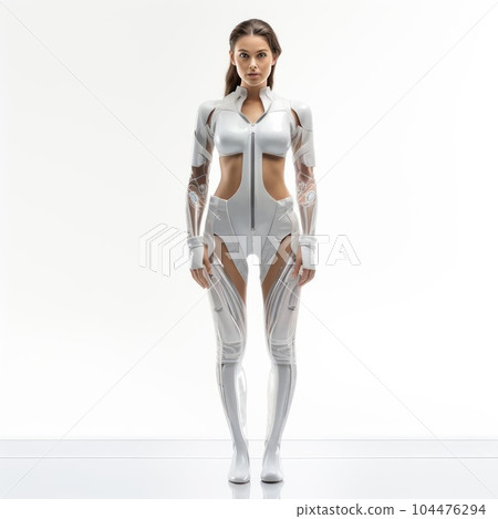 Woman in clothes of the future on a white background Woman in clothes of the future on a white background 104476294