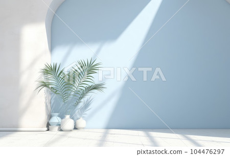 Light blue wall with shade and plant on the floor in a vase Light blue wall with shade and plant on the floor in a vase 104476297
